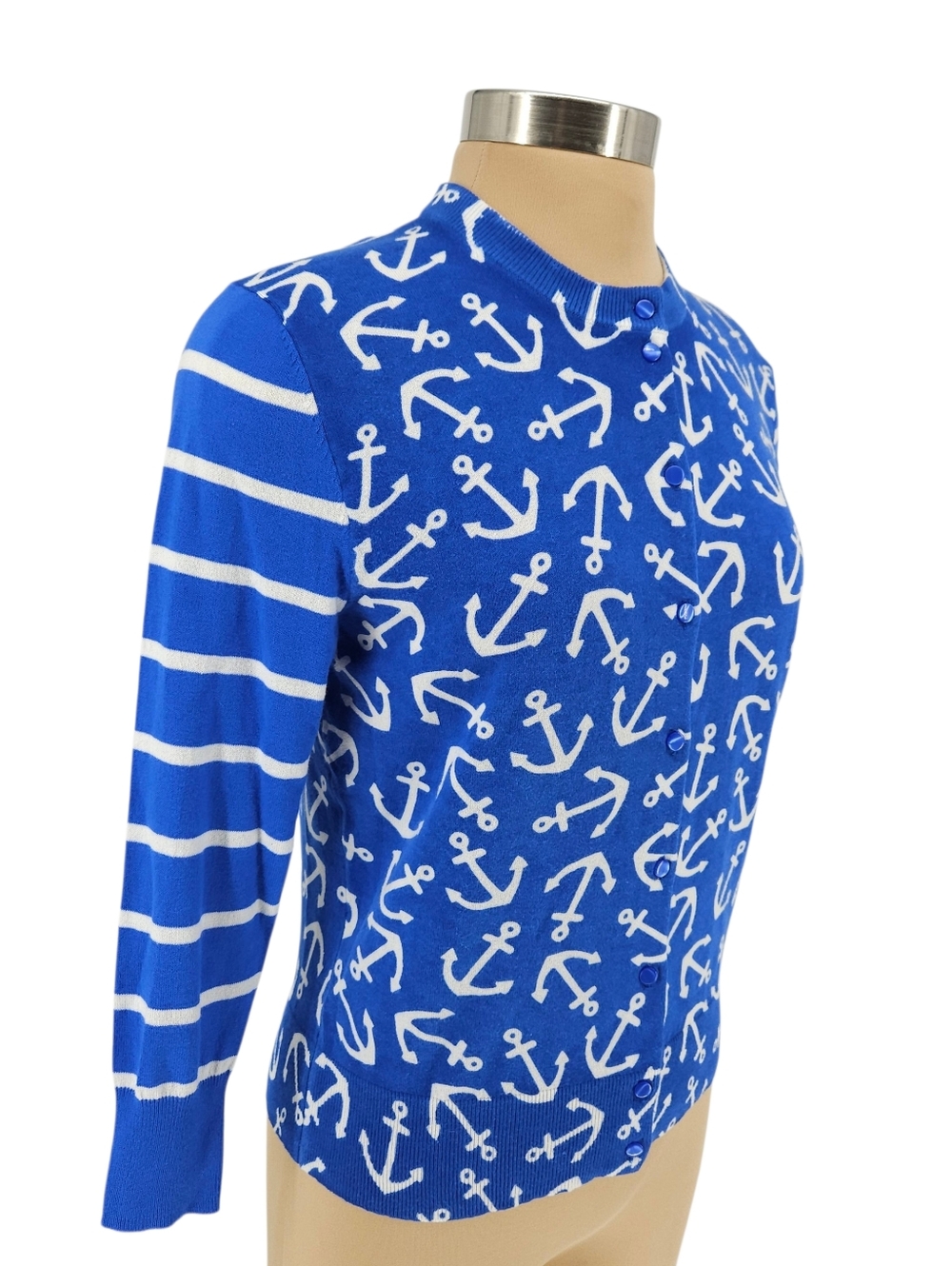 Crown & Ivy Nautical Cardigan Sweater Anchor Blue Long Sleeve Button Up Medium - Picture 2 of 6